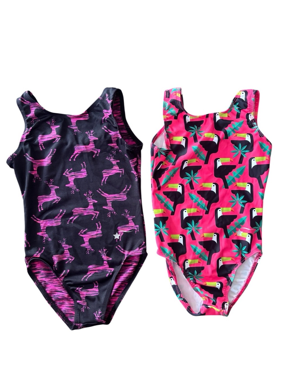 Destira Lot of 2 Gymnastic Leotards~Toucan & Reindeer Print CXS